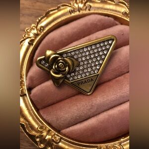 Prada antique Gold and rhinestone Triangle Brooch pin new